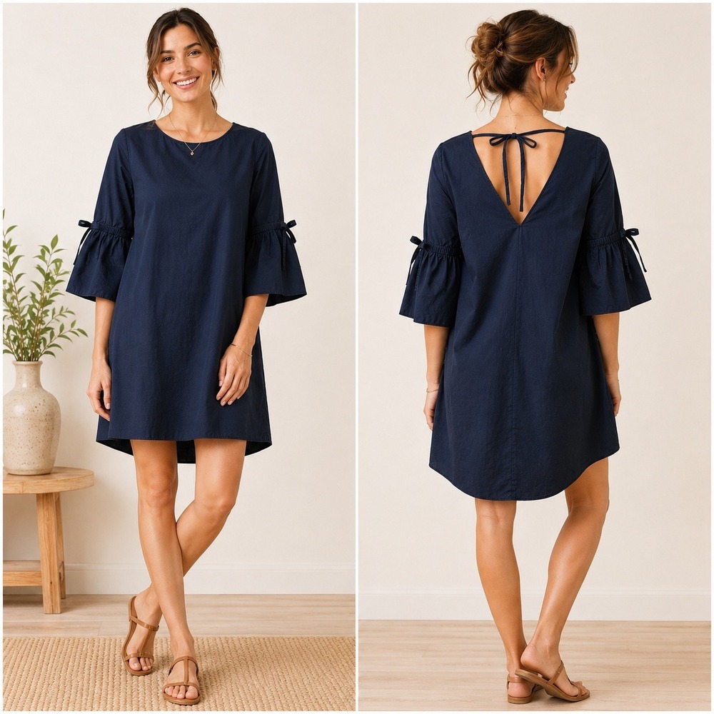 Zara Basic Blue Shift Spring Wedding Guest Dress Tie Sleeve Knee Length Womens M